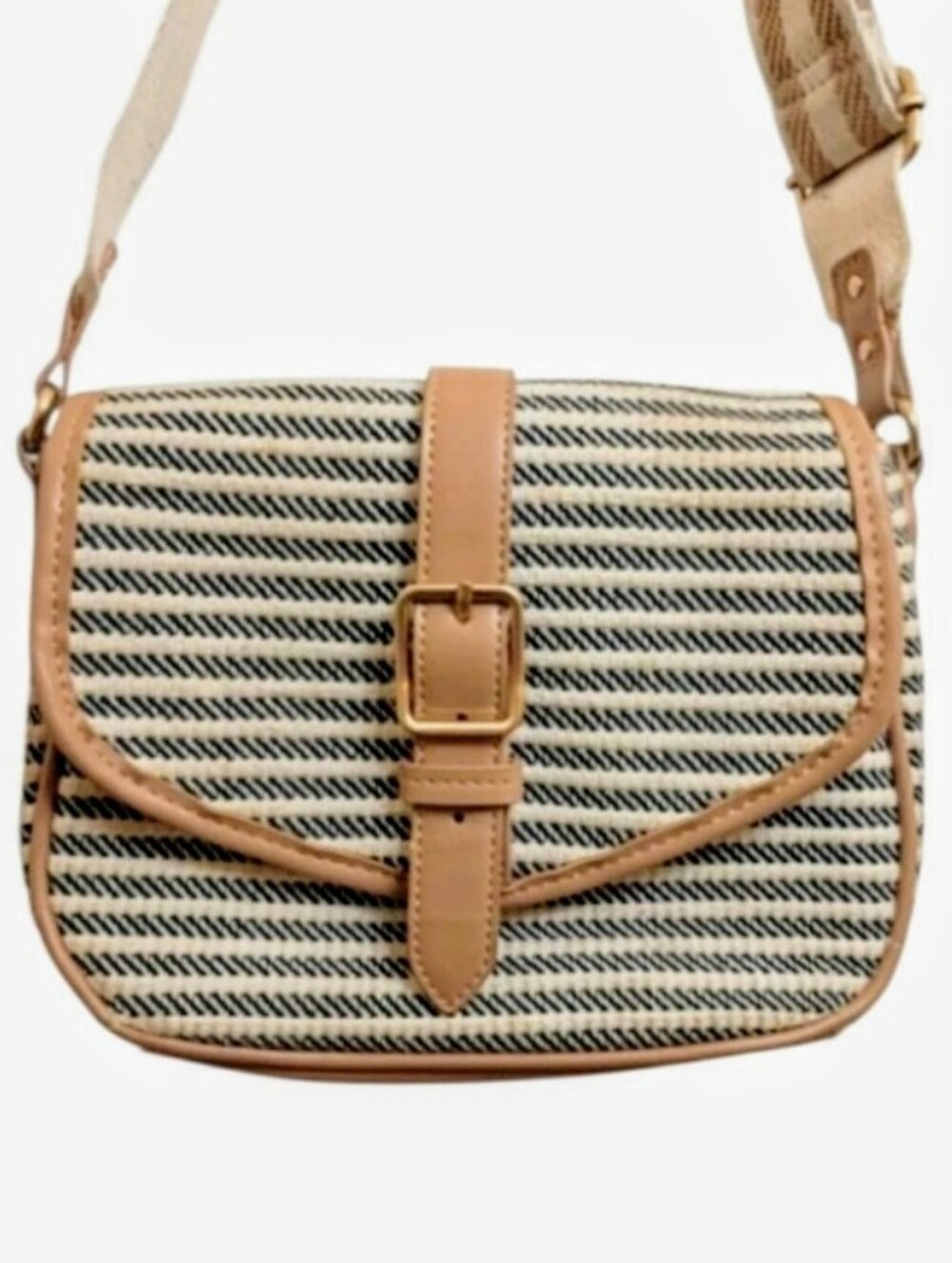 striped purse Black And White Tan Brown Leather Accent Shoulder Bag Snap Closure